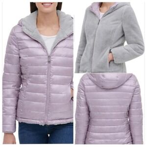 Andrew Marc Womens Reversible Puffer Fleece Hooded Jacket Lilac Grey S